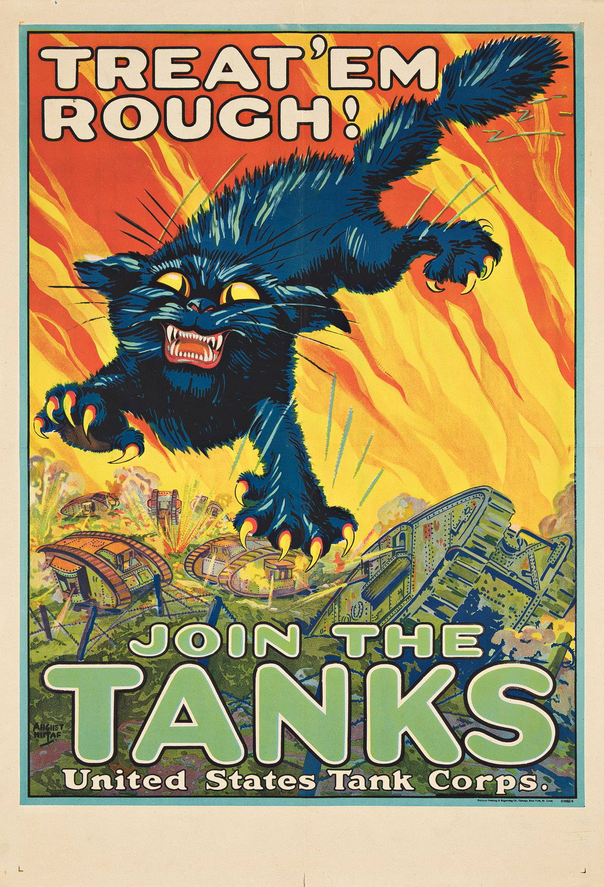 AUGUST WILLIAM HUTAF (1879-1942).  TREAT EM ROUGH! / JOIN THE TANKS. 1918. 41x28 inches, 104¼x71 cm.